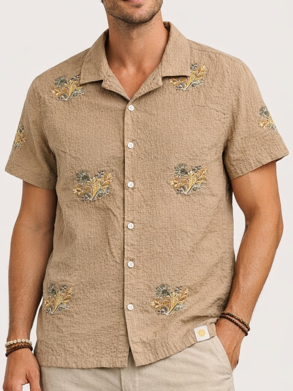 Free Planet Embroidered Seersucker Button Down Shirt in Tan Size Large